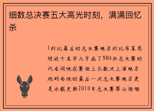 细数总决赛五大高光时刻，满满回忆杀