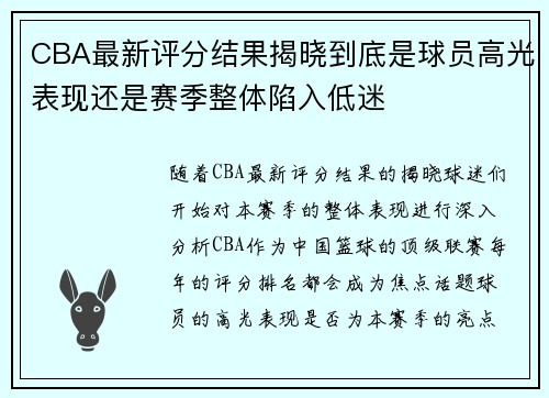 CBA最新评分结果揭晓到底是球员高光表现还是赛季整体陷入低迷